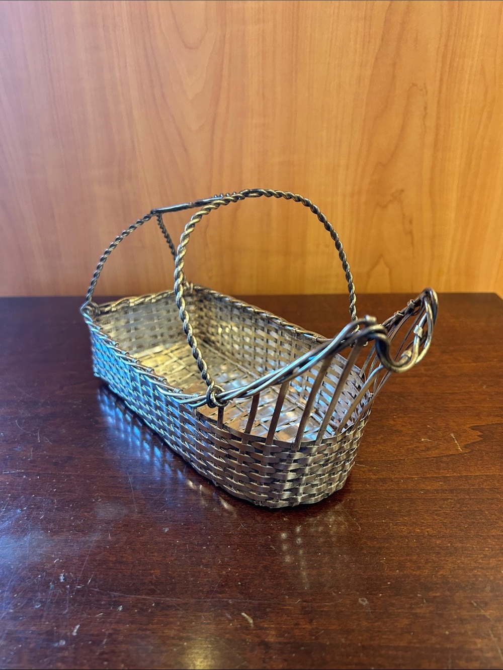 Vintage Antique French Woven Wire Wine Bottle Basket Server Silver Plated